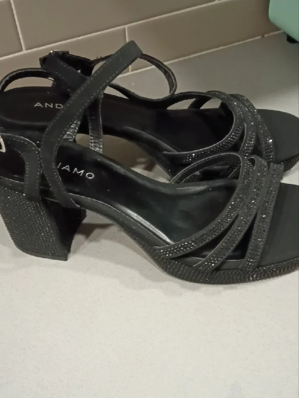 Andiamo Black Strappy Block Heel Sandals with Embellished Front Straps